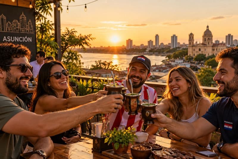 Amigos conversando em bar ao entardecer