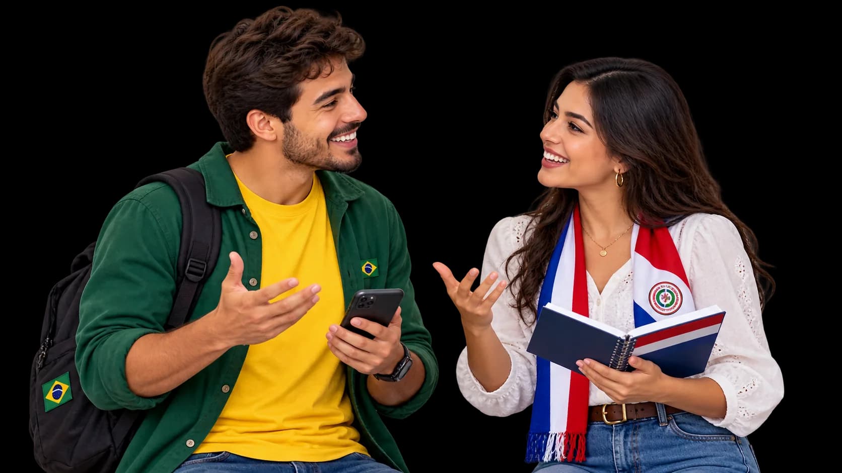 Dois estudantes converse entre si, um com a bandeira do Brasil e outro com a do Paraguai, segurando livros e celular